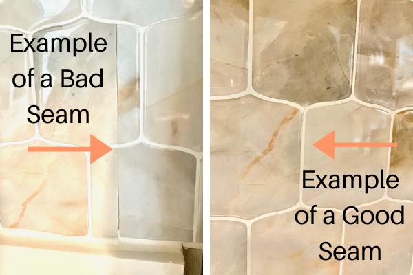 Examples of a good and bad seam on Peel and Stick Backsplash