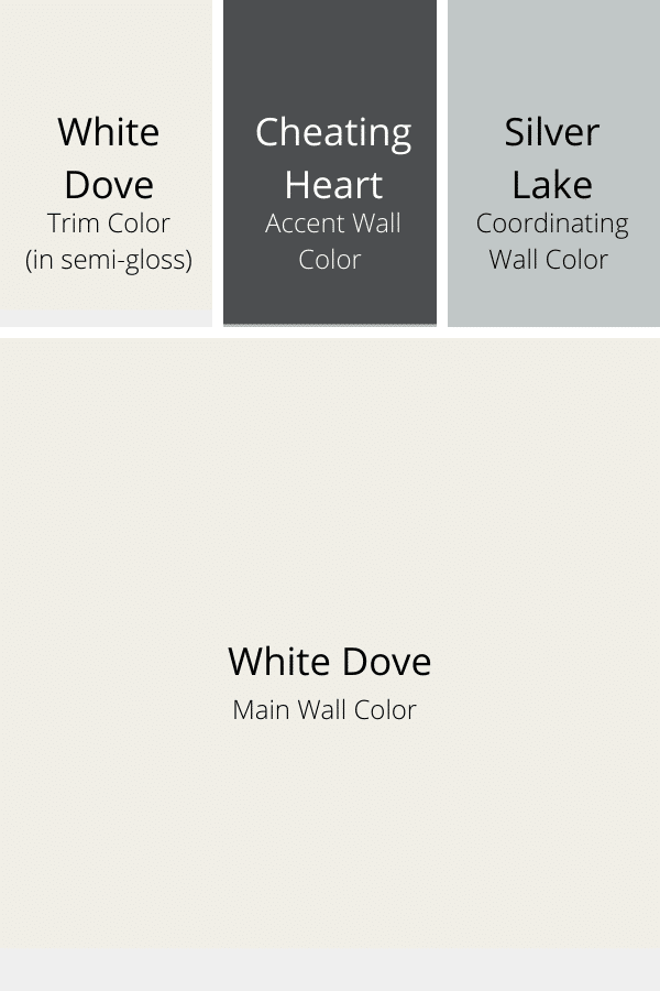 Benjamin Moore pairs White Dove with Cheating Heart (a dark gray color) and Silver Lake (a silvery shade), for a bold, minimalistic palette.  