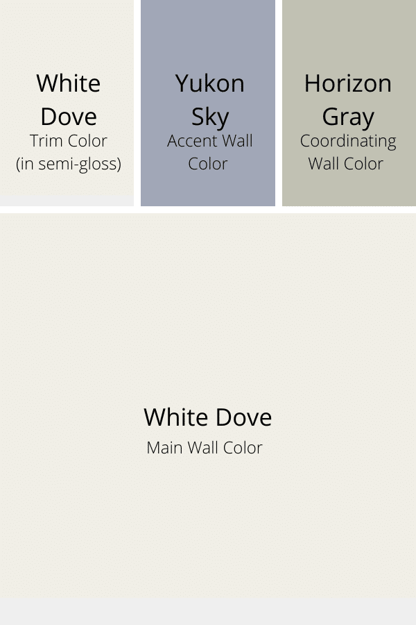 White Dove is paired with Yukon Sky (a purpley-gray) and Horizon Gray (a sage green) for a more muted, pastel palette.  