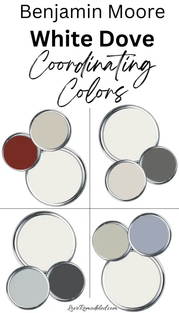 Coordinating Colors in paint cans for White Dove - Kendall Charcoal, Country Redwood, Balboa Mist, Cheating Heart, Kendall Charcoal, Yukon Sky, Horizon Gray, Silver Lake