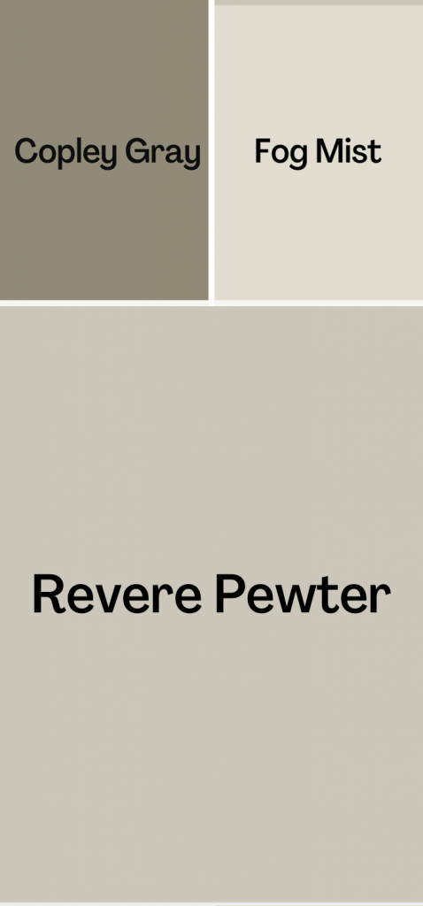 Revere Pewter Complimentary Color Scheme, with Copley Gray and Fog Mist