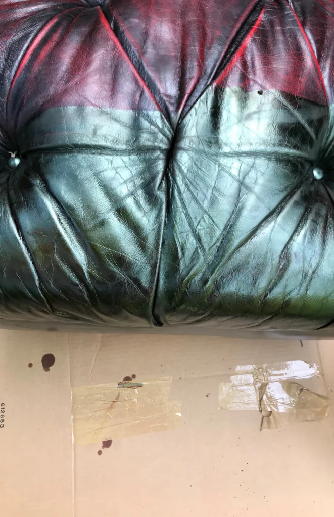 bronzing issue that occured while dying leather ottoman