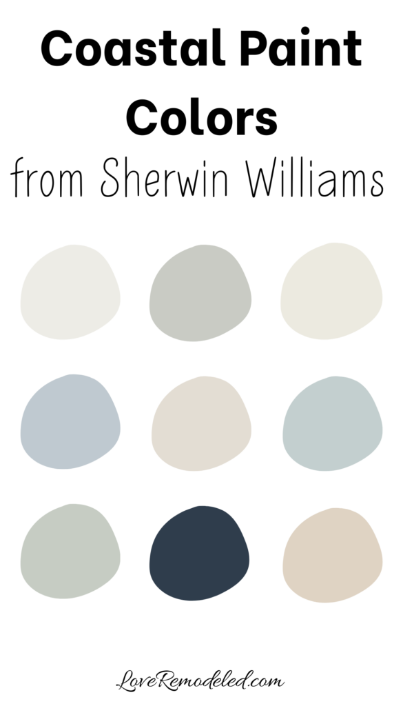 Coastal Paint Colors from Sherwin Williams. Coastal Paint Palette with blues, blue greens, whites, creams, beiges, and navy