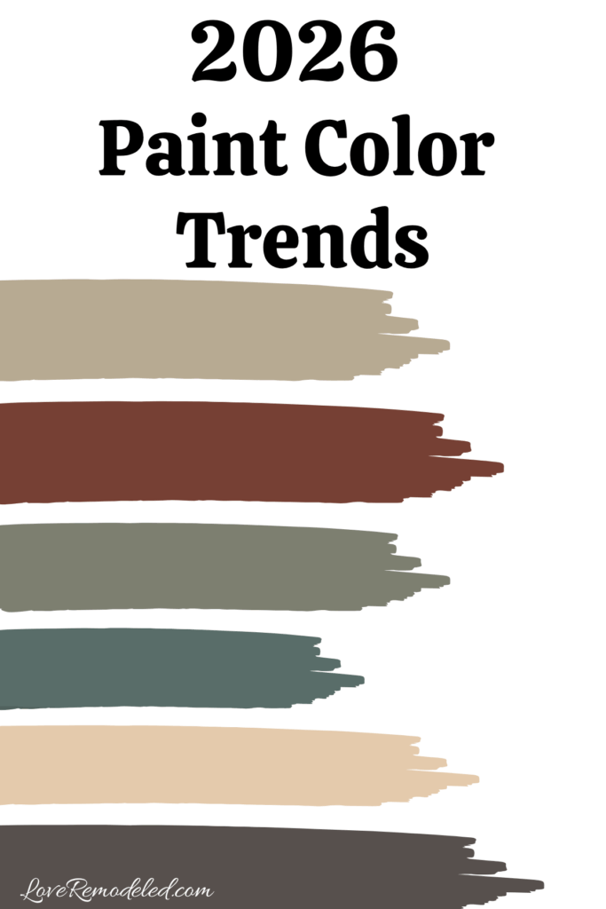 2026 Paint Color Trends paint strips of Universal Khaki, Silhouette, Warm Eucalyptus, Hidden Gem, Melodious Ivory, Warm Mahogany
