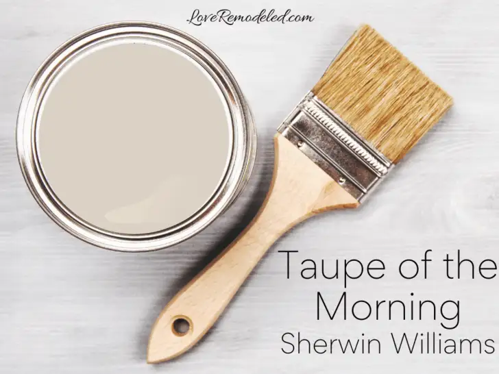 Taupe of the Morning by Sherwin Williams in a paint can with paint brush