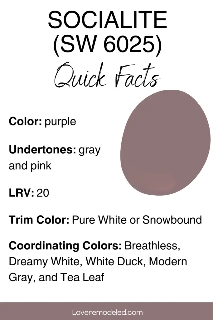 Socialite Sherwin Williams Facts: Color - purple; undertones - gray and pink; LRV - 20; trim color - Pure White or Snowbound; Coordinating Colors - Breathless, Dreamy White, White Duck, Modern Gray, Tea Leaf