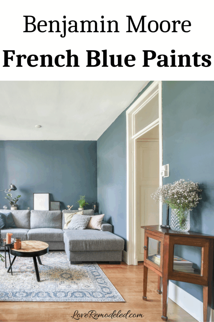 Benjamin Moore French Blue Paint Colors, blue walls in a living room with gray couch