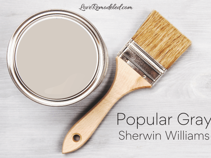 Popular Gray by Sherwin Williams in a paint can with a paint brush beside it