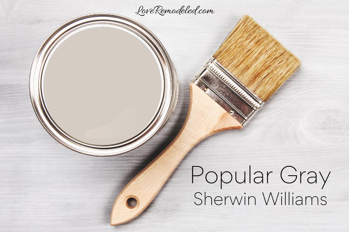 Popular Gray by Sherwin Williams in a paint can with a paint brush beside it