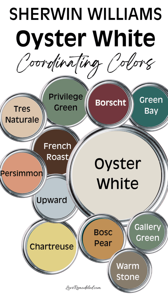 Sherwin Wiliams Oyster White Coordinating Colors - Paint Cans with Oyster White, Tres Naturale, Privilege Green, Borscht, Green Bay, French Roast, Persimmon, Upward, Chartreuse, Bosc Pear, Warm Stone and Gallery Green