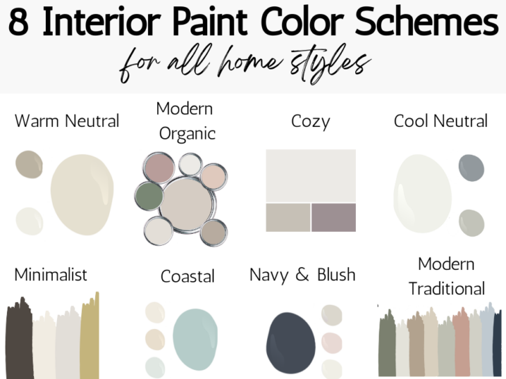 Interior Paint Color Schemes for all Home Styles - Warm Neutral, Modern Organic, Cozy, Cool Neutral, Minimalist, Coastal, Navy and Blush, Modern Traditional