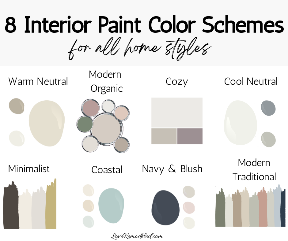 Interior Paint Color Schemes for all Home Styles - Warm Neutral, Modern Organic, Cozy, Cool Neutral, Minimalist, Coastal, Navy and Blush, Modern Traditional