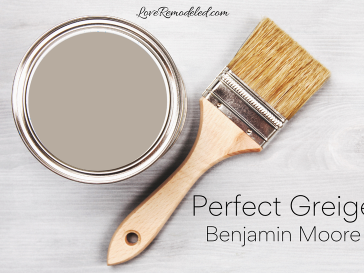 Perfect Greige by Benjamin Moore - Paint can with Perfect Greige paint in it and a paintbrush beside it