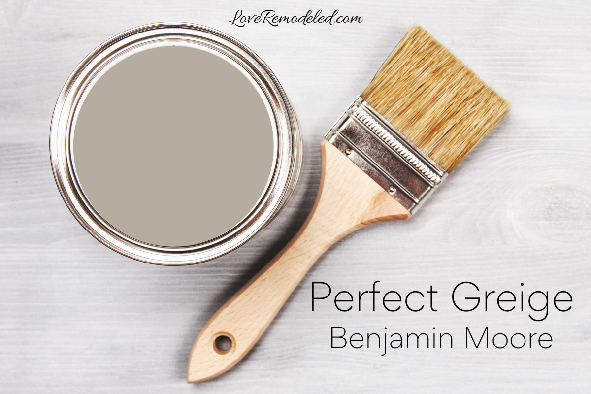 Perfect Greige by Benjamin Moore - Paint can with Perfect Greige paint in it and a paintbrush beside it
