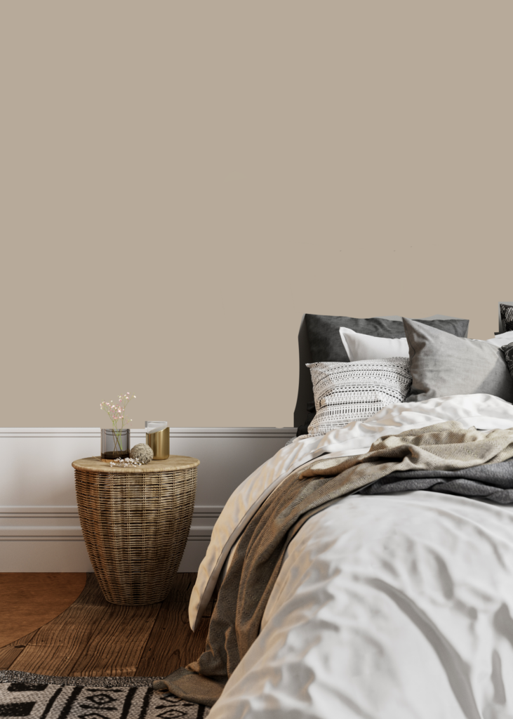 Benjamin Moore Baja Dunes on bedroom wall with white wainscoting