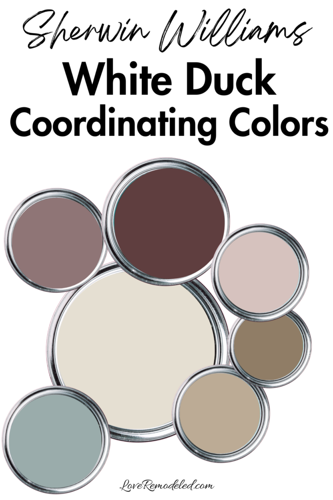 Sherwin Williams White Duck Coordinating Colors - paint cans with various paint colors (green blue, light brown, midtone brown, pale pink, deep red)