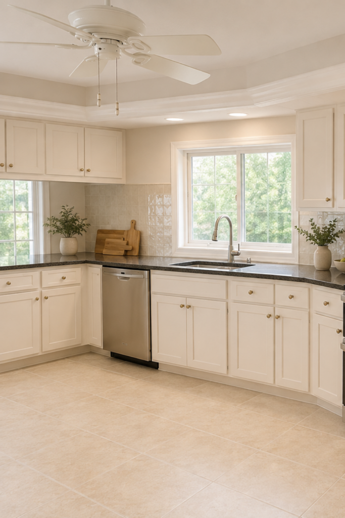 A mockup up of Sherwin Williams White Duck on kitchen cabinets and walls