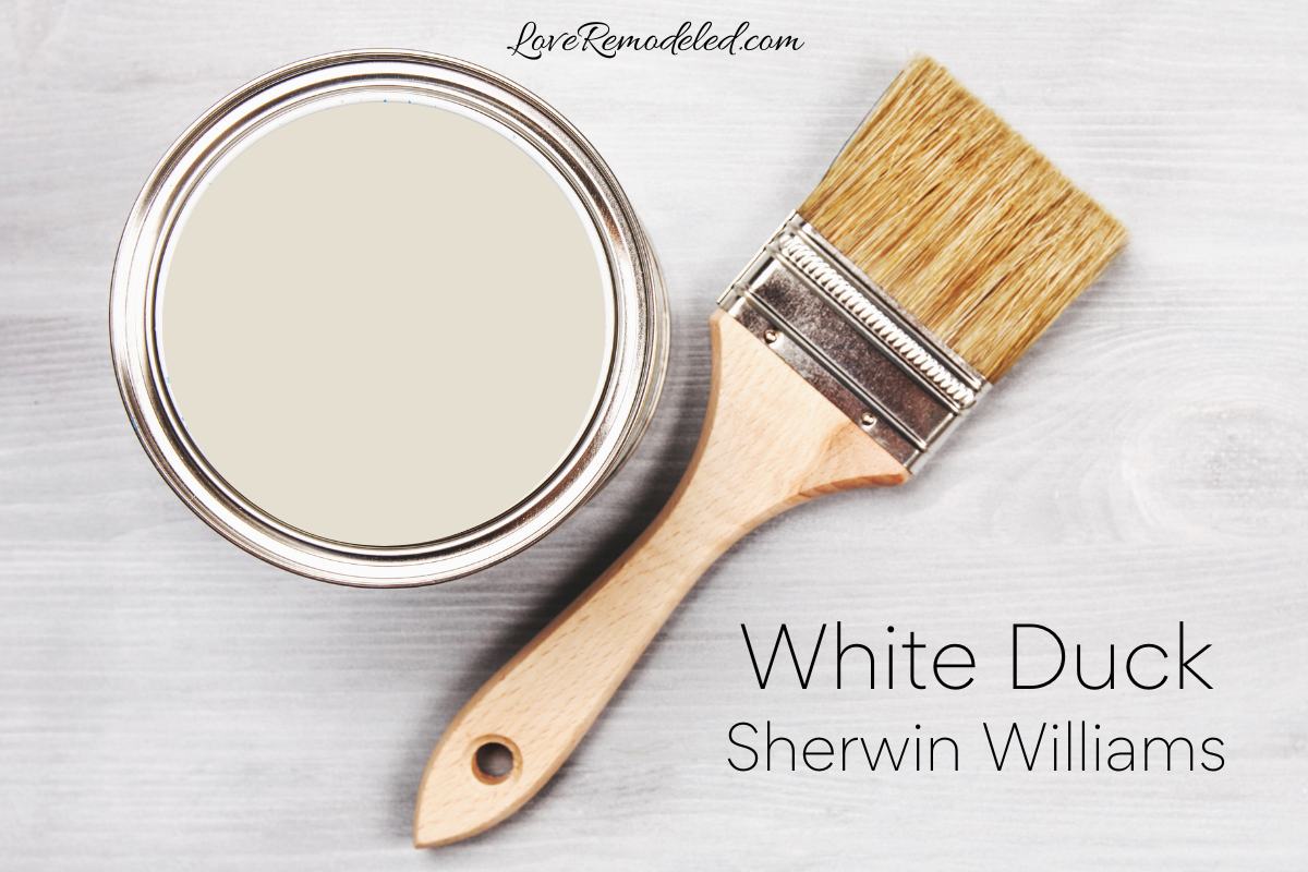 White Duck by Sherwin Williams in paint can with paintbrush lying next to it