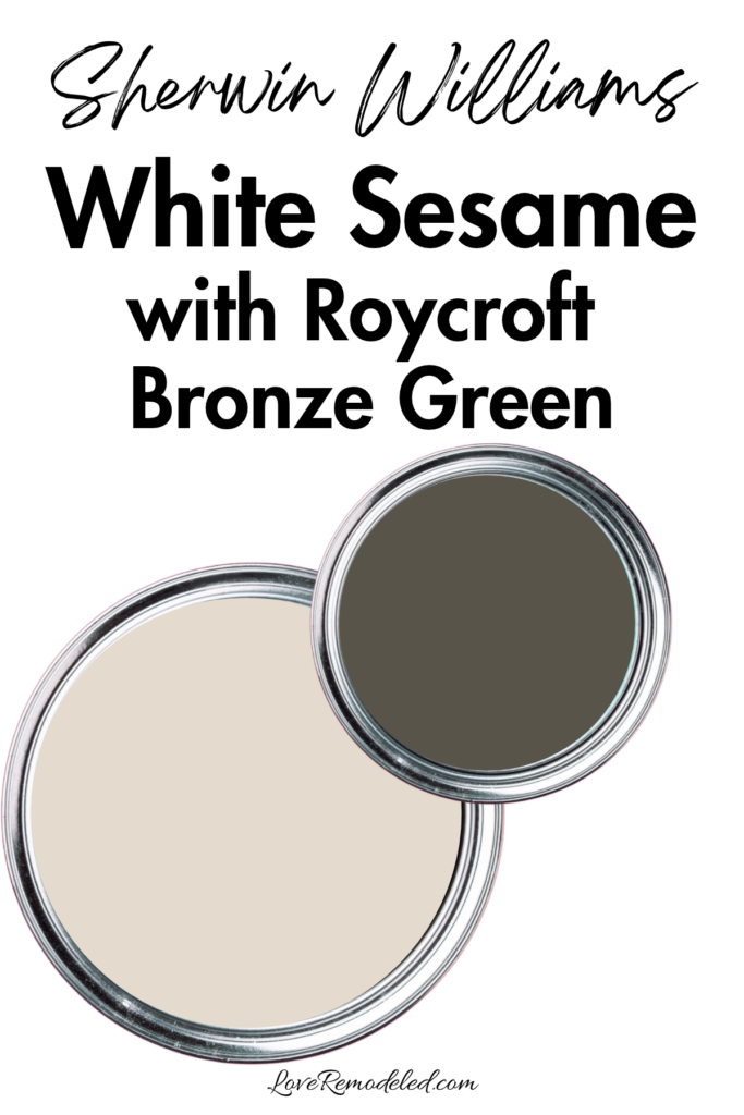Sherwin Williams White Sesame with Roycroft Bronze Green Paint Colors in paint cans