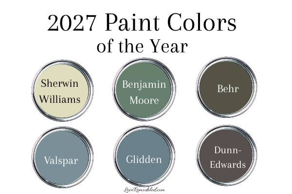 2027 Paint Colors of the Year in paint cans - Sherwin Williams, Benjamin Moore, Behr, Valspar, Glidden, Dunn-Edwards